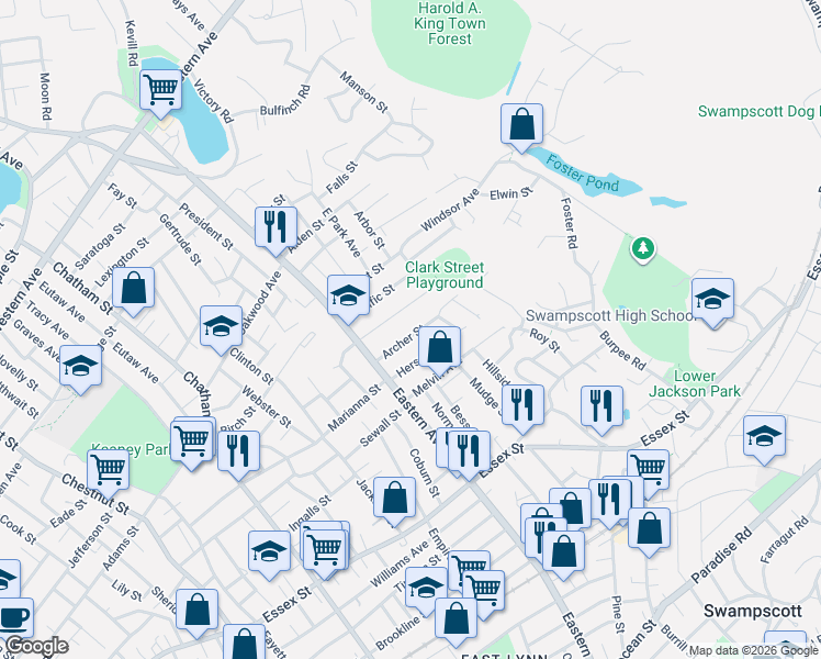map of restaurants, bars, coffee shops, grocery stores, and more near 33 Herschel Street in Lynn