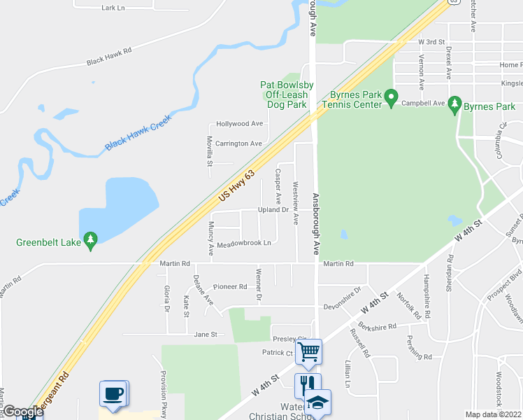 map of restaurants, bars, coffee shops, grocery stores, and more near Fairway Lane in Waterloo