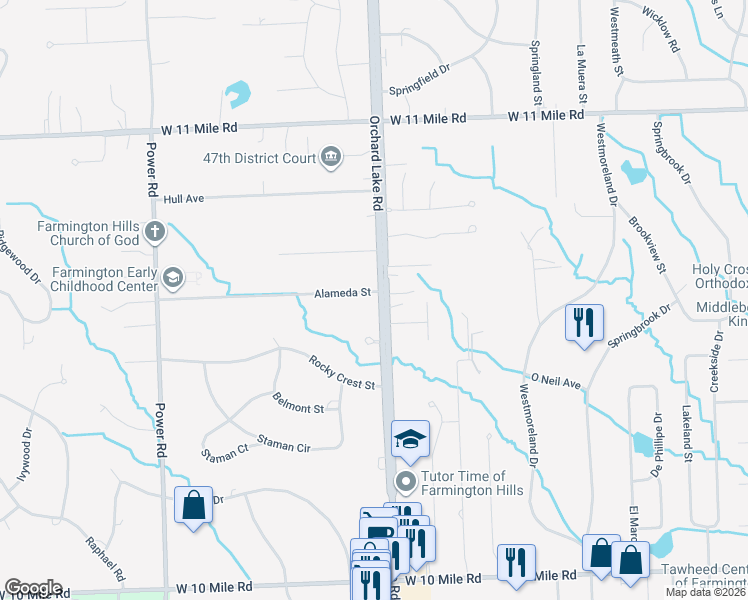 map of restaurants, bars, coffee shops, grocery stores, and more near 25235 Orchard Lake Road in Farmington Hills