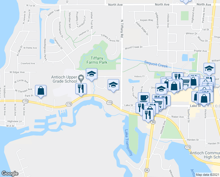 map of restaurants, bars, coffee shops, grocery stores, and more near 775 Highview Court in Antioch