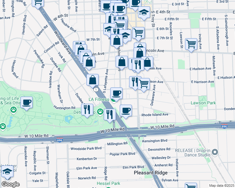 map of restaurants, bars, coffee shops, grocery stores, and more near 1302 South Washington Avenue in Royal Oak