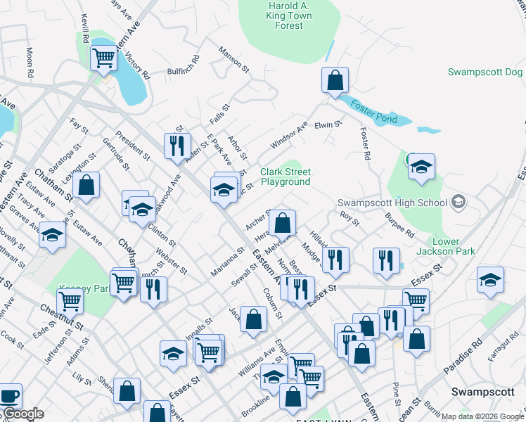 map of restaurants, bars, coffee shops, grocery stores, and more near 33 Herschel Street in Lynn