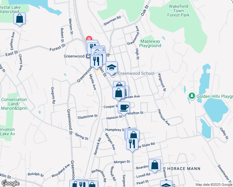 map of restaurants, bars, coffee shops, grocery stores, and more near 1099 Main Street in Wakefield