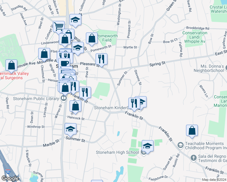 map of restaurants, bars, coffee shops, grocery stores, and more near 112 Summer Street in Stoneham