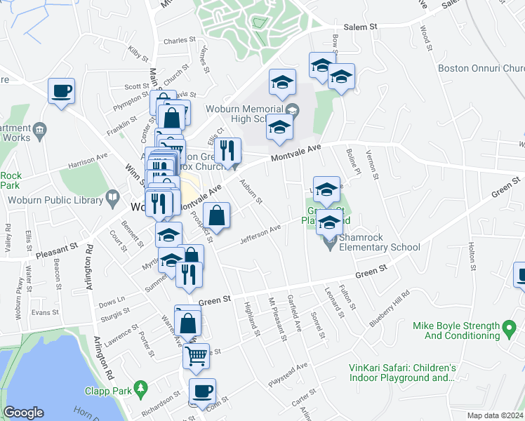 map of restaurants, bars, coffee shops, grocery stores, and more near 20 Garfield Avenue in Woburn