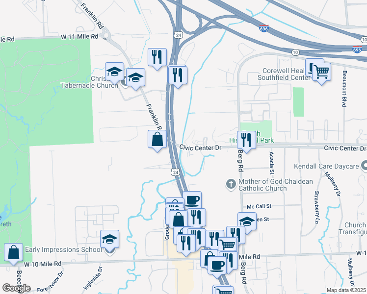 map of restaurants, bars, coffee shops, grocery stores, and more near 25972-25998 Telegraph Road in Southfield