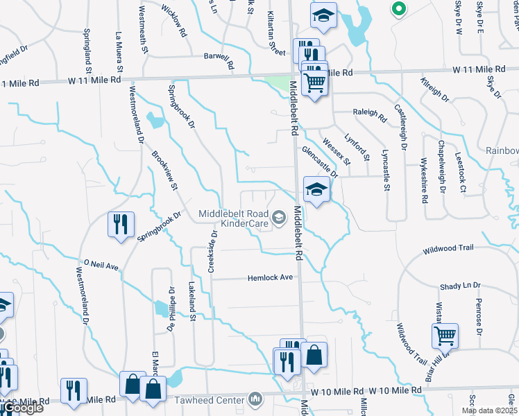 map of restaurants, bars, coffee shops, grocery stores, and more near 29777 Monterey Circle in Farmington Hills