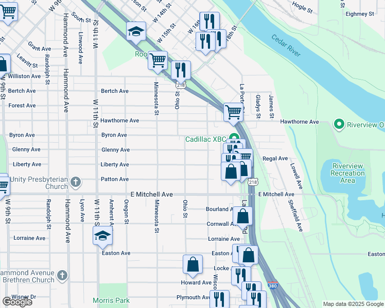 map of restaurants, bars, coffee shops, grocery stores, and more near 1851 Liberty Ave in Waterloo
