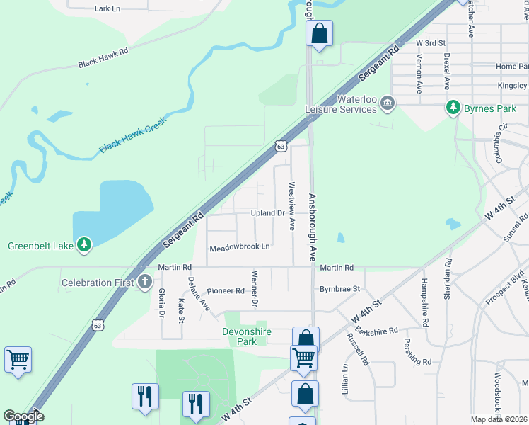 map of restaurants, bars, coffee shops, grocery stores, and more near 2221 Casper Avenue in Waterloo