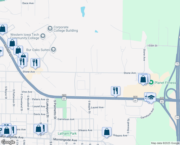 map of restaurants, bars, coffee shops, grocery stores, and more near 1206 1/2 South Maple Street in Sioux City