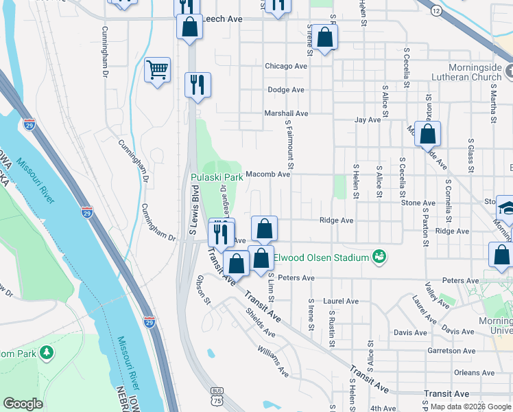 map of restaurants, bars, coffee shops, grocery stores, and more near 2501 Ridge Avenue in Sioux City