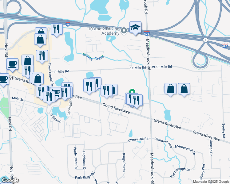 map of restaurants, bars, coffee shops, grocery stores, and more near 41664 Tera Lane in Novi