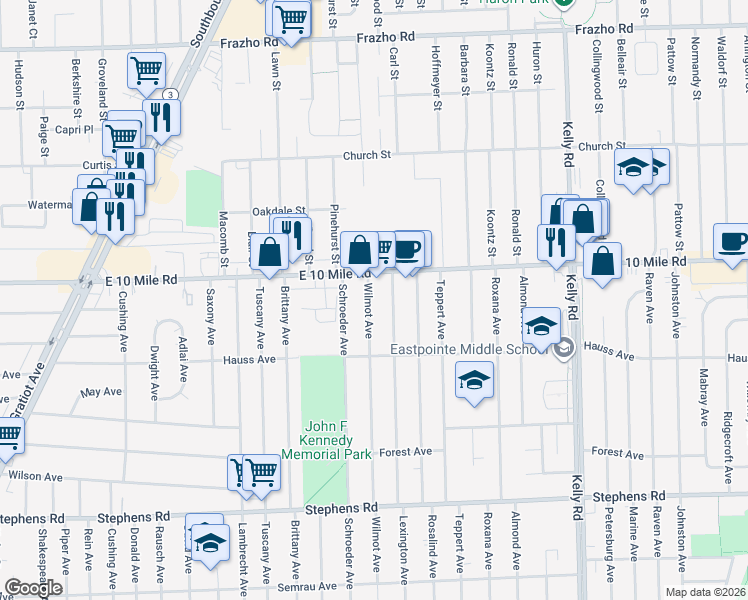 map of restaurants, bars, coffee shops, grocery stores, and more near 24877 Lexington Avenue in Eastpointe