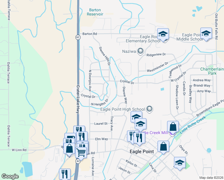 map of restaurants, bars, coffee shops, grocery stores, and more near 435 Phyllis Drive in Eagle Point