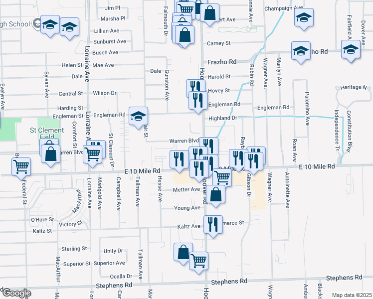 map of restaurants, bars, coffee shops, grocery stores, and more near 25075 Hoover Road in Warren
