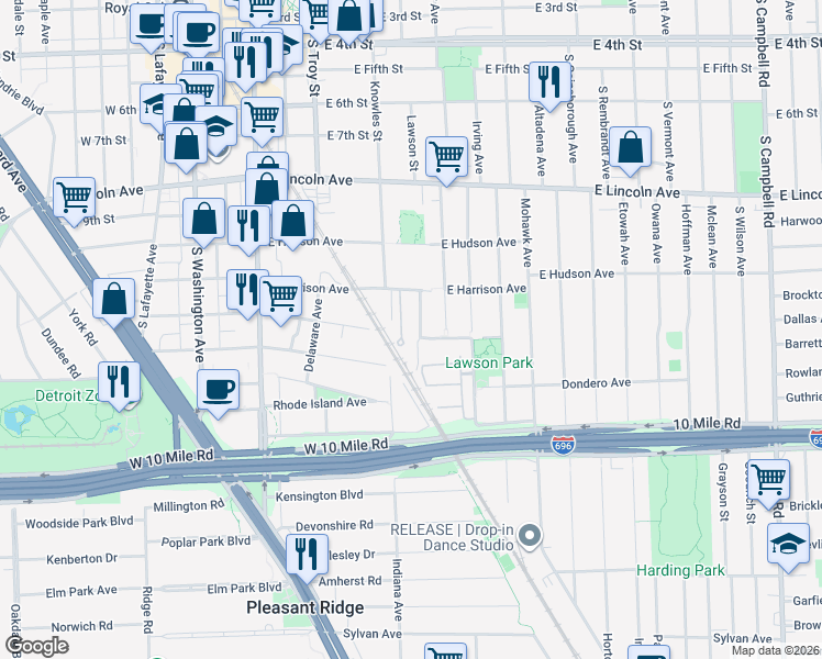 map of restaurants, bars, coffee shops, grocery stores, and more near 628 East Parent Avenue in Royal Oak