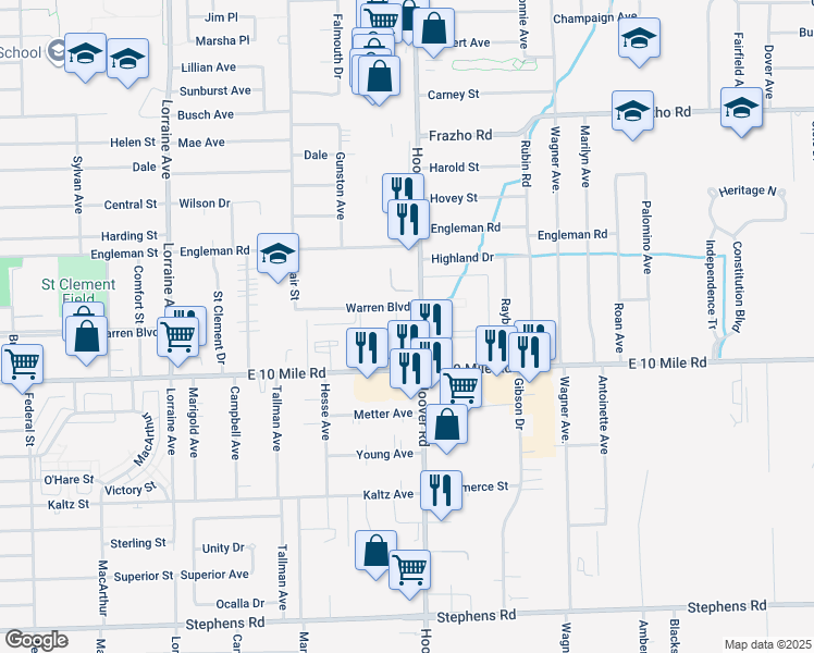 map of restaurants, bars, coffee shops, grocery stores, and more near 25075 Hoover Road in Warren