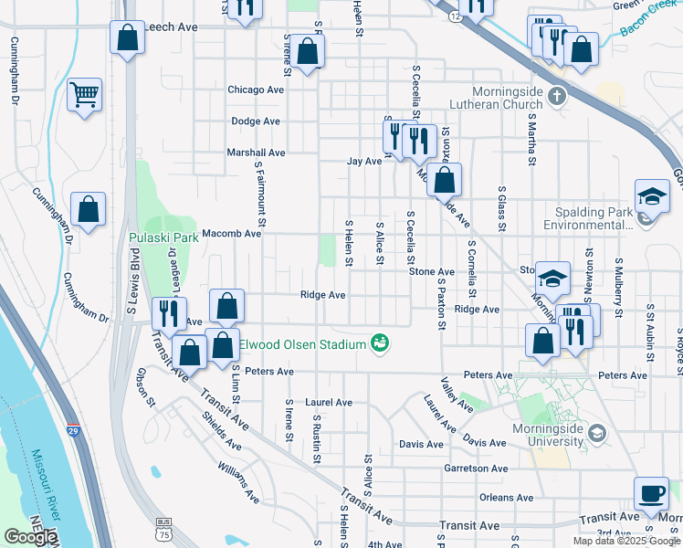 map of restaurants, bars, coffee shops, grocery stores, and more near 2909 Ridge Avenue in Sioux City