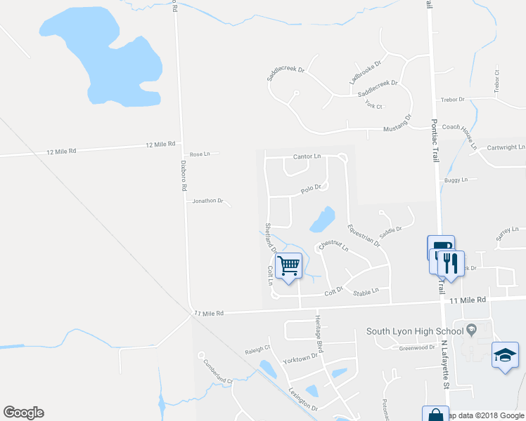 map of restaurants, bars, coffee shops, grocery stores, and more near 1119 Shetland Drive in South Lyon