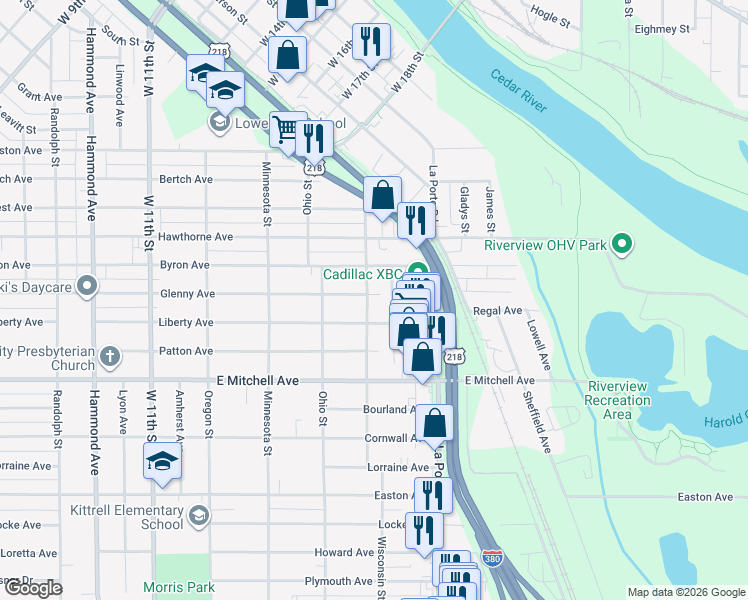map of restaurants, bars, coffee shops, grocery stores, and more near 1919 Liberty Ave in Waterloo