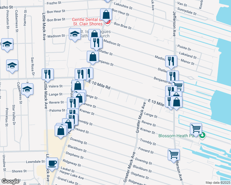 map of restaurants, bars, coffee shops, grocery stores, and more near 24915 Rita Street in St. Clair Shores
