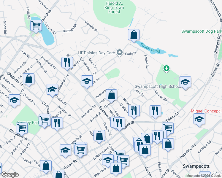 map of restaurants, bars, coffee shops, grocery stores, and more near 33 Herschel Street in Lynn