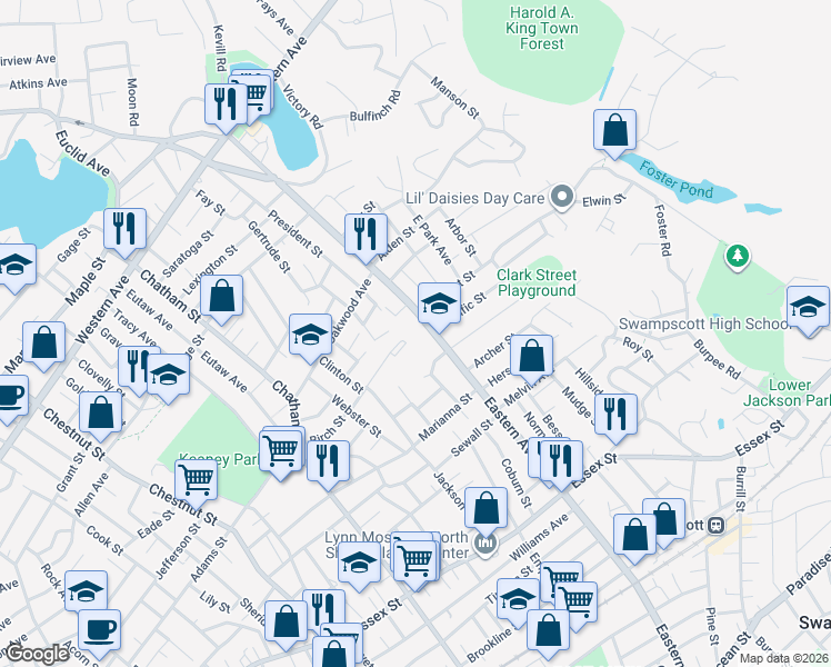 map of restaurants, bars, coffee shops, grocery stores, and more near 111 Birch Street in Lynn