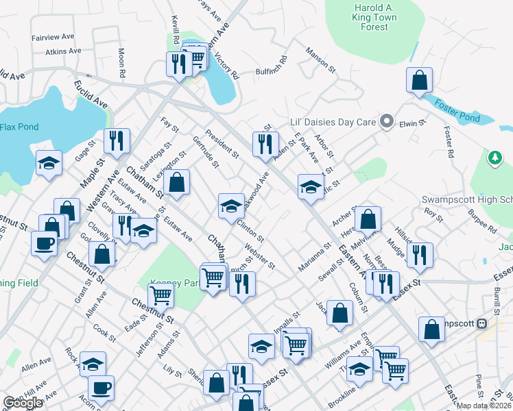 map of restaurants, bars, coffee shops, grocery stores, and more near 22 Livingston Street in Lynn