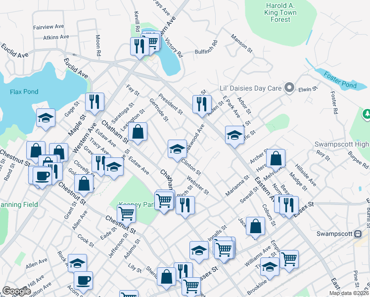 map of restaurants, bars, coffee shops, grocery stores, and more near 41 Oakwood Avenue in Lynn