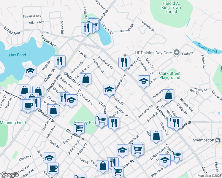 map of restaurants, bars, coffee shops, grocery stores, and more near 41 Oakwood Avenue in Lynn