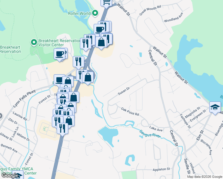 map of restaurants, bars, coffee shops, grocery stores, and more near 48 David Drive in Saugus