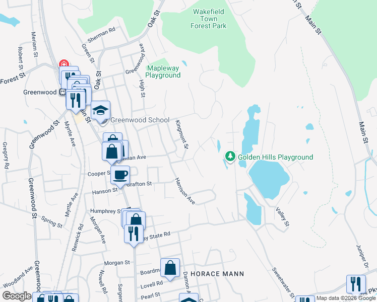 map of restaurants, bars, coffee shops, grocery stores, and more near 15 Essex Street in Wakefield