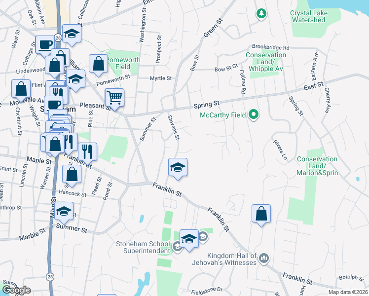 map of restaurants, bars, coffee shops, grocery stores, and more near 28 Stevens Street in Stoneham