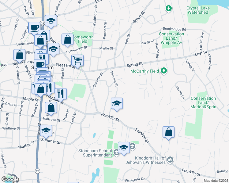 map of restaurants, bars, coffee shops, grocery stores, and more near 28 Stevens Street in Stoneham