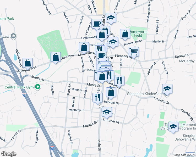 map of restaurants, bars, coffee shops, grocery stores, and more near 13 Maple Street in Stoneham