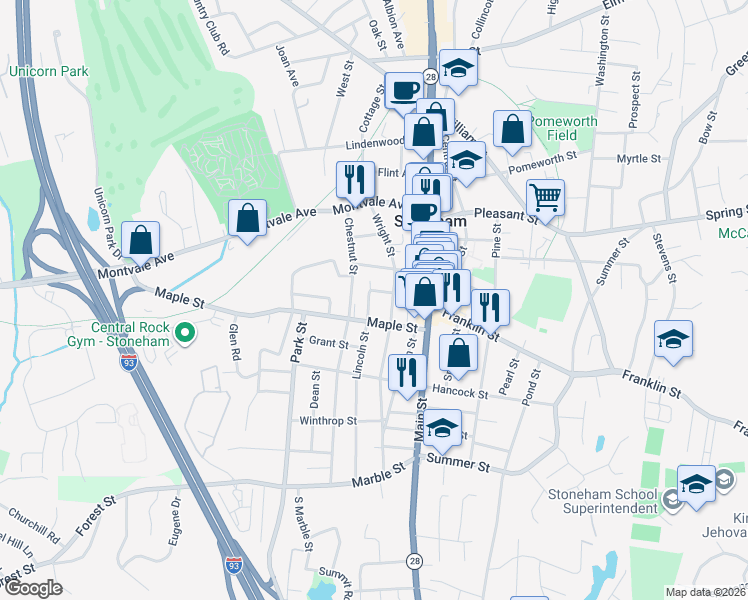 map of restaurants, bars, coffee shops, grocery stores, and more near 28 Maple Street in Stoneham