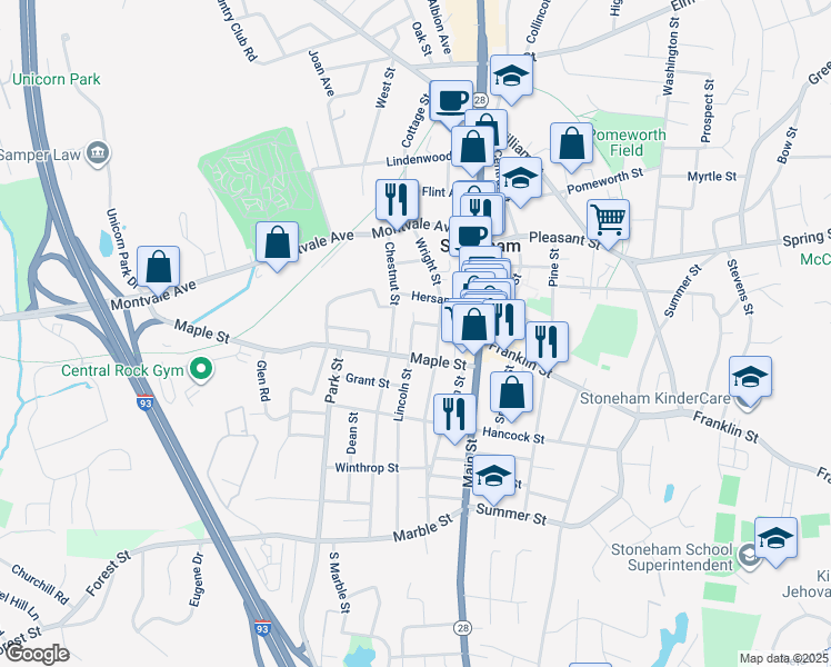 map of restaurants, bars, coffee shops, grocery stores, and more near 28 Maple Street in Stoneham