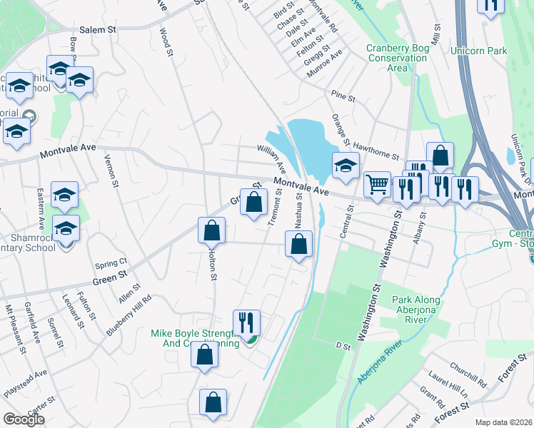 map of restaurants, bars, coffee shops, grocery stores, and more near 21R Tremont Street in Woburn