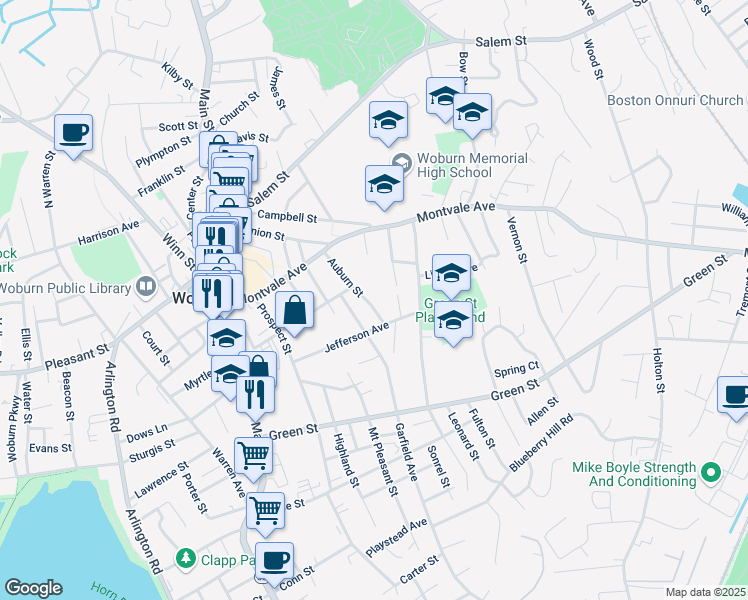 map of restaurants, bars, coffee shops, grocery stores, and more near 20 Garfield Avenue in Woburn
