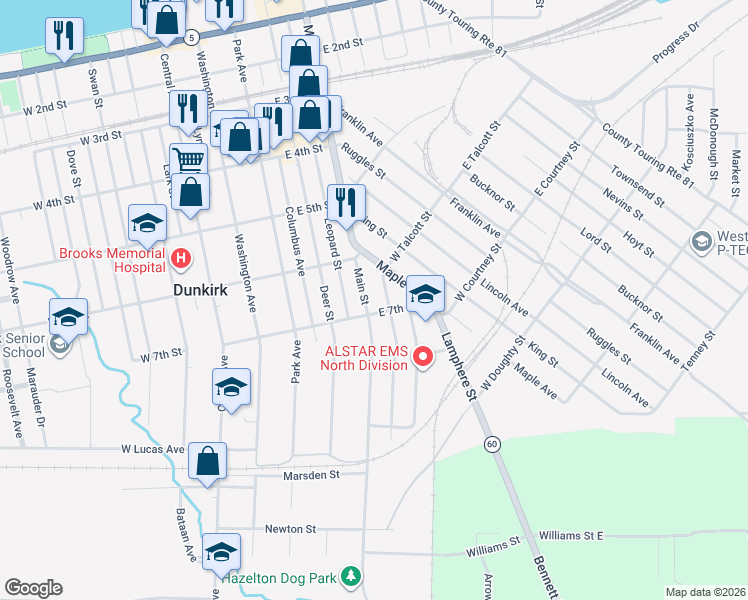 map of restaurants, bars, coffee shops, grocery stores, and more near 715 Grant Avenue in Dunkirk