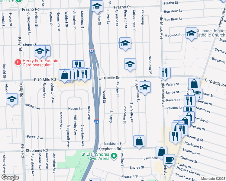 map of restaurants, bars, coffee shops, grocery stores, and more near 24821 Ursuline Street in St. Clair Shores