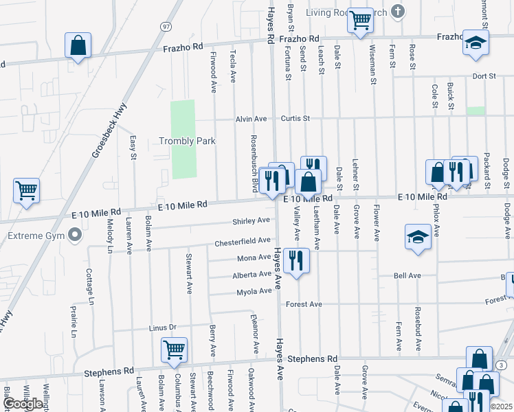 map of restaurants, bars, coffee shops, grocery stores, and more near 14950 Shirley Avenue in Warren