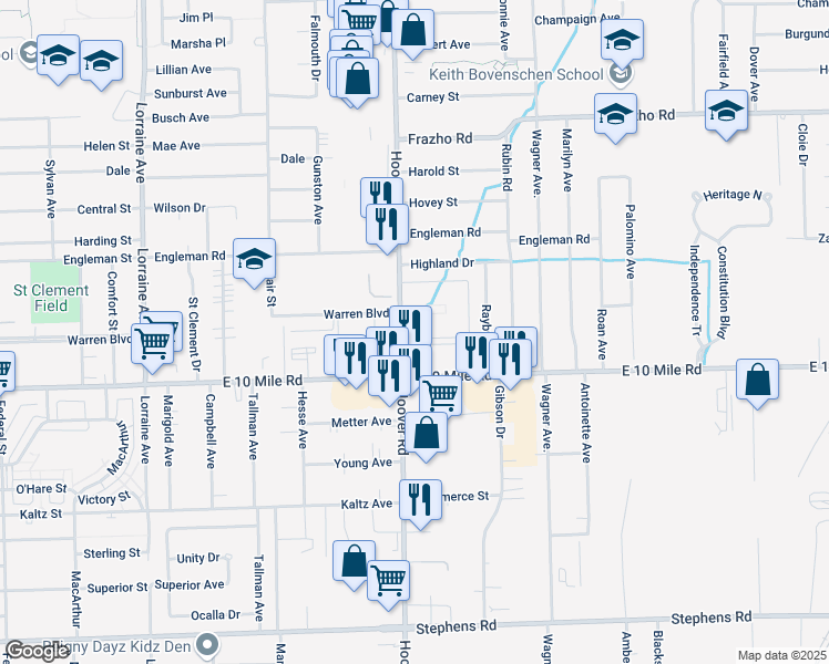 map of restaurants, bars, coffee shops, grocery stores, and more near in Warren