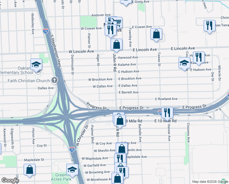 map of restaurants, bars, coffee shops, grocery stores, and more near 25306 John R Road in Madison Heights