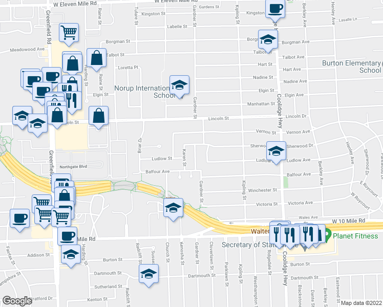 map of restaurants, bars, coffee shops, grocery stores, and more near 25120 Gardner in Oak Park
