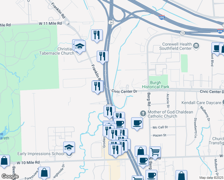 map of restaurants, bars, coffee shops, grocery stores, and more near 25972-25998 Telegraph Road in Southfield