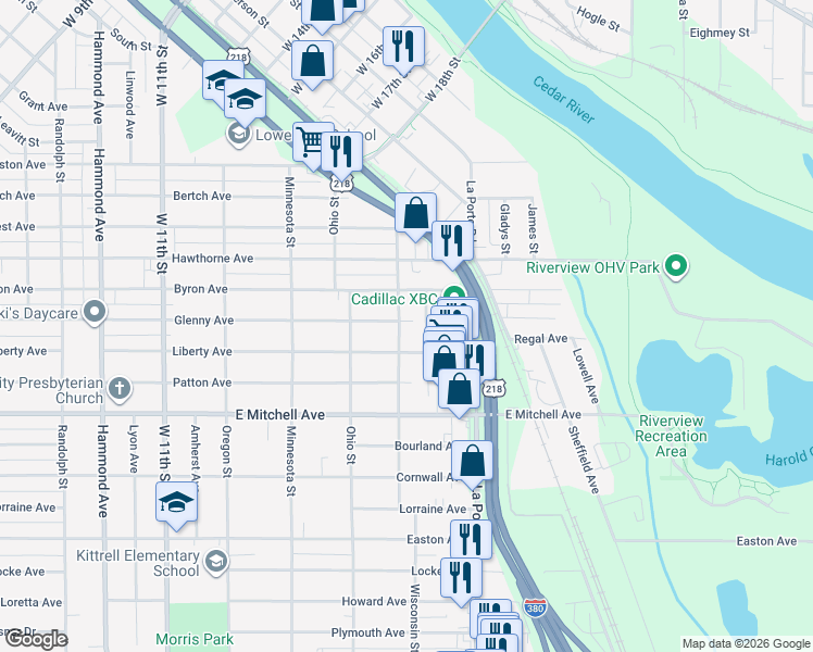 map of restaurants, bars, coffee shops, grocery stores, and more near 1919 Liberty Ave in Waterloo