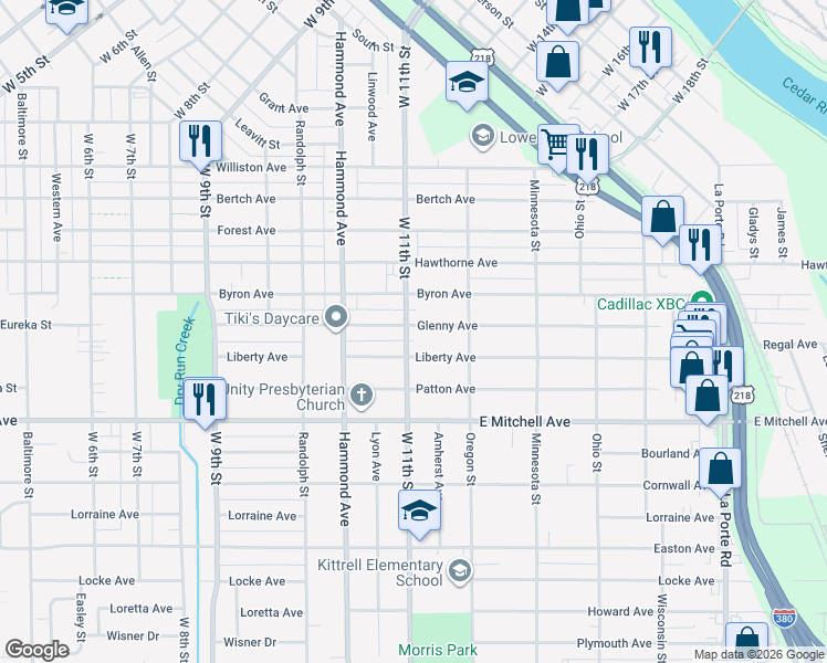 map of restaurants, bars, coffee shops, grocery stores, and more near 1455 Liberty Avenue in Waterloo