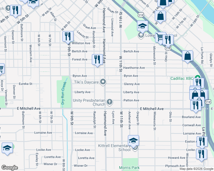 map of restaurants, bars, coffee shops, grocery stores, and more near 1415 Liberty Ave in Waterloo