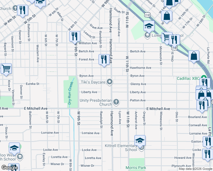 map of restaurants, bars, coffee shops, grocery stores, and more near 2031 Randolph Street in Waterloo